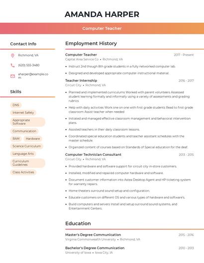 Computer Teacher Resume