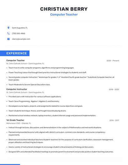 Computer Teacher Resume