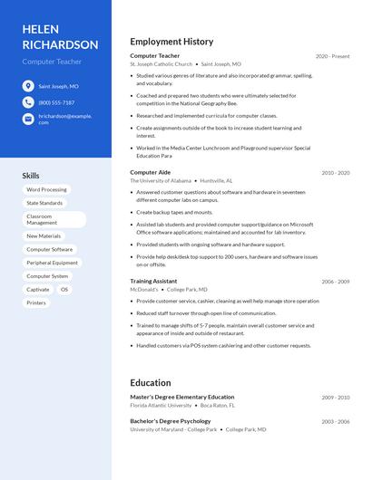 Computer Teacher Resume