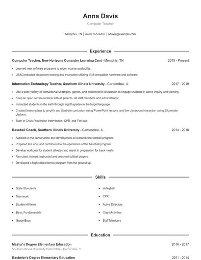 Computer Teacher Resume