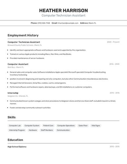 Computer Technician Assistant Resume