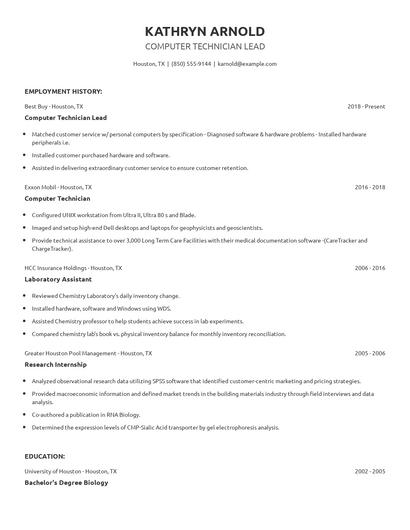 Computer Technician Lead Resume