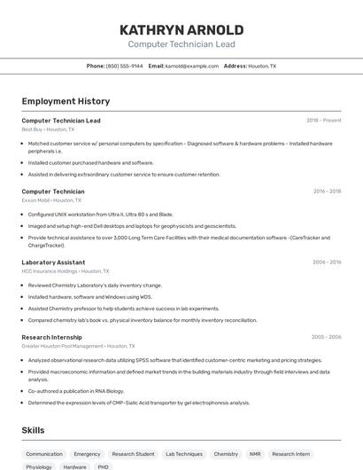 Computer Technician Lead Resume