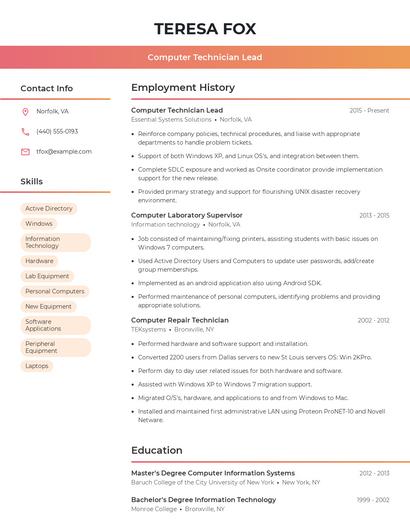 Computer Technician Lead Resume
