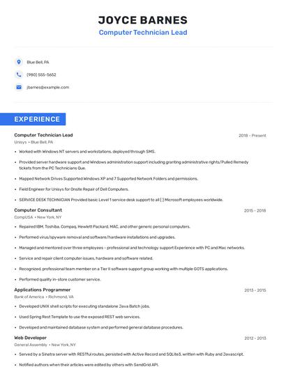 Computer Technician Lead Resume