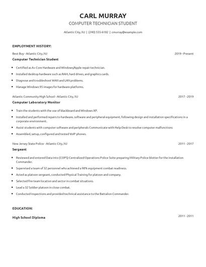 Computer Technician Student Resume