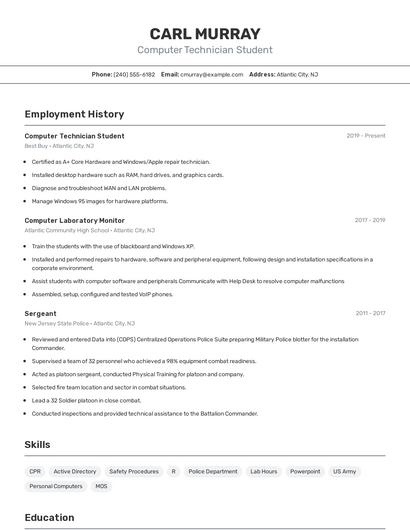 Computer Technician Student Resume