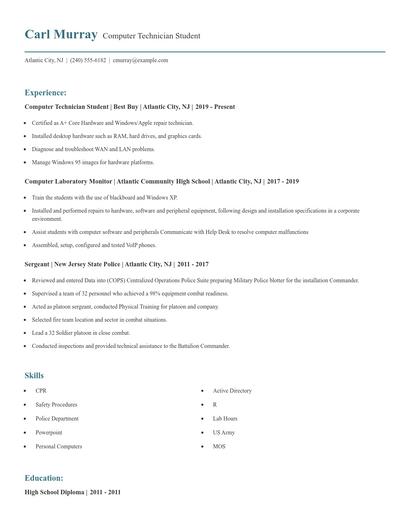 Computer Technician Student Resume