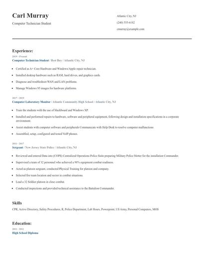 Computer Technician Student Resume
