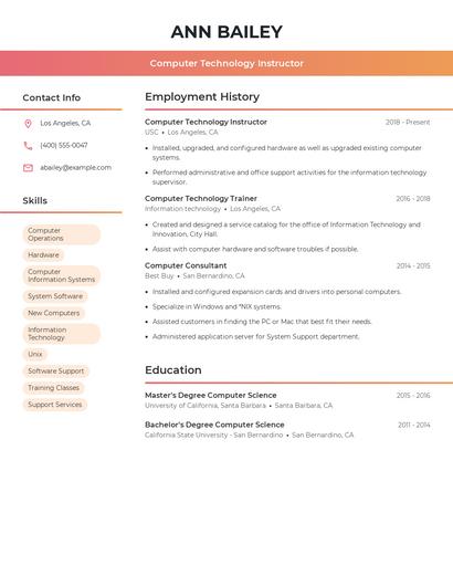 Computer Technology Instructor Resume