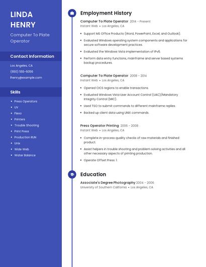 Computer To Plate Operator Resume