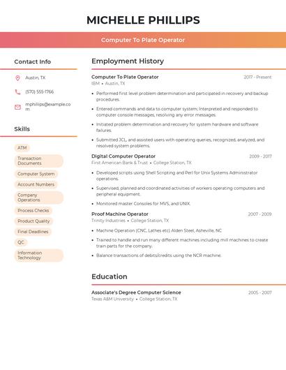Computer To Plate Operator Resume