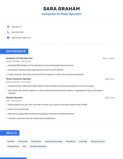Computer To Plate Operator Resume