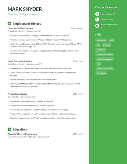 Computer To Plate Operator Resume