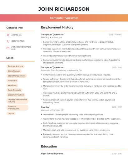 Computer Typesetter Resume