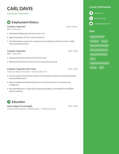 Computer Typesetter Resume