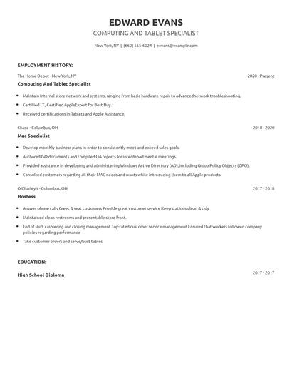 Computing And Tablet Specialist Resume