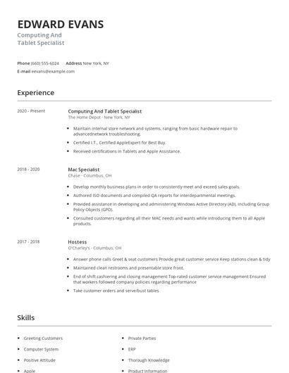 Computing And Tablet Specialist Resume