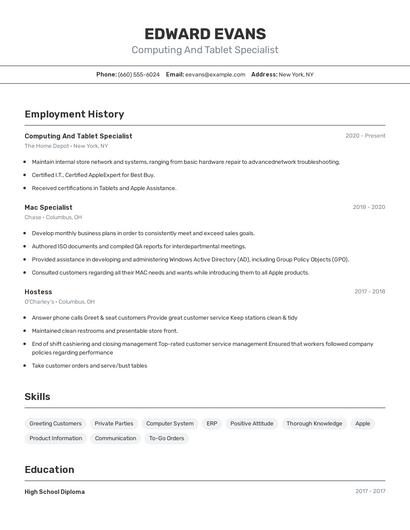 Computing And Tablet Specialist Resume