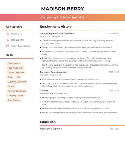 Computing And Tablet Specialist Resume