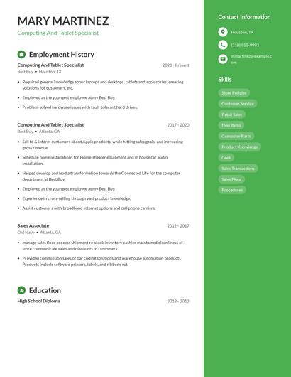 Computing And Tablet Specialist Resume