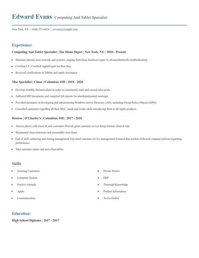 Computing And Tablet Specialist Resume