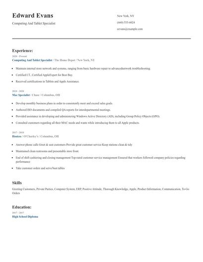 Computing And Tablet Specialist Resume