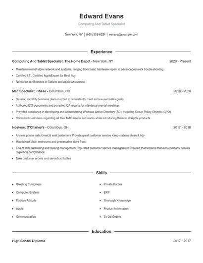 Computing And Tablet Specialist Resume