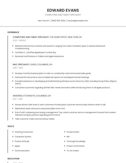 Computing And Tablet Specialist Resume