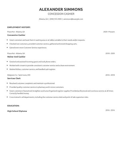 Concession Cashier Resume