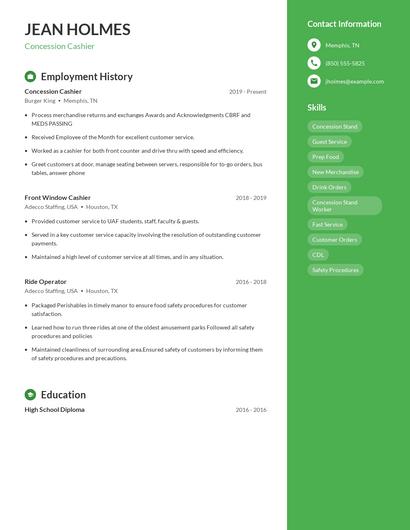 Concession Cashier Resume