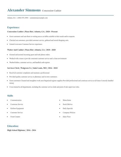 Concession Cashier Resume