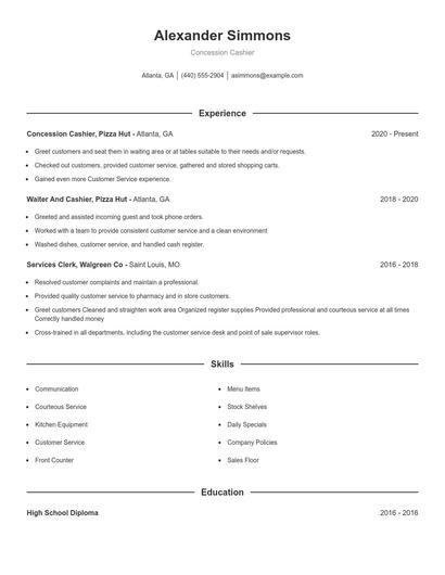 Concession Cashier Resume