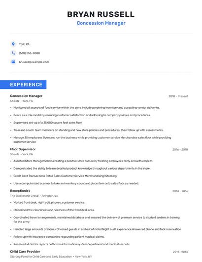 Concession Manager Resume