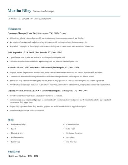 Concession Manager Resume