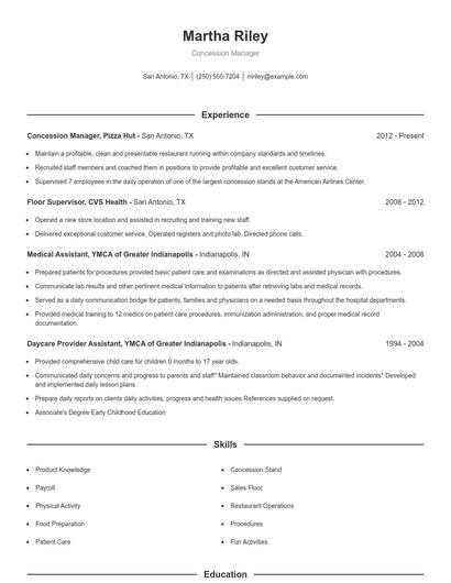 Concession Manager Resume