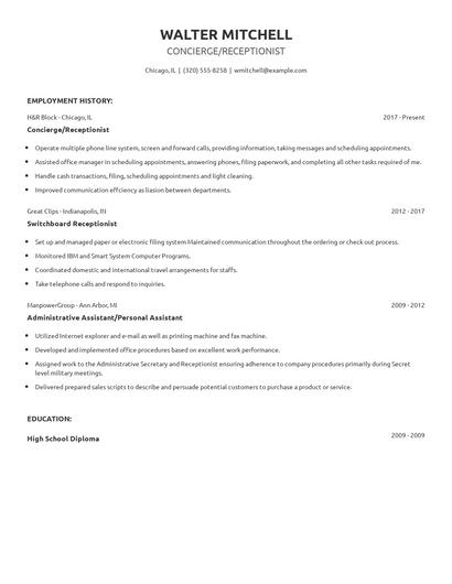 Concierge/Receptionist Resume