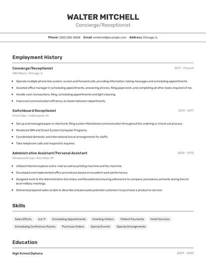 Concierge/Receptionist Resume