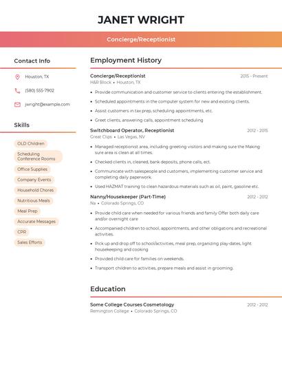 Concierge/Receptionist Resume