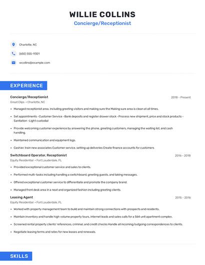 Concierge/Receptionist Resume
