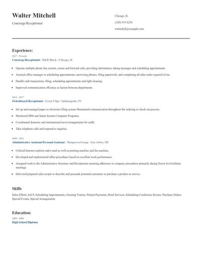 Concierge/Receptionist Resume