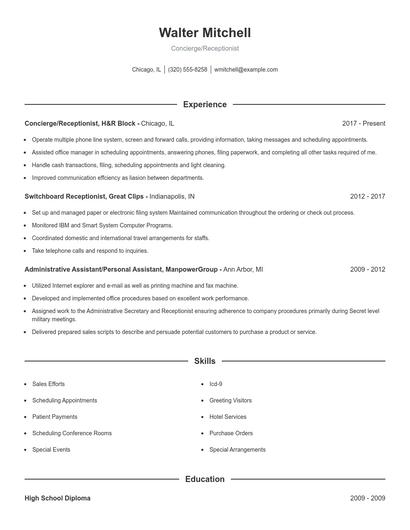 Concierge/Receptionist Resume