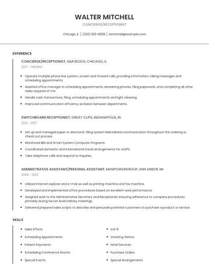 Concierge/Receptionist Resume