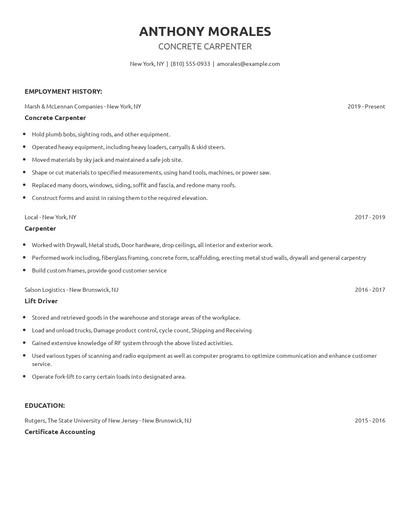 Concrete Carpenter Resume