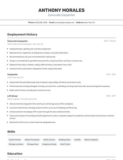 Concrete Carpenter Resume