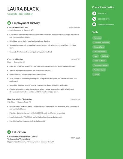 Concrete Floor Installer Resume