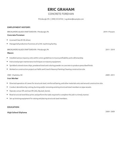 Concrete Foreman Resume