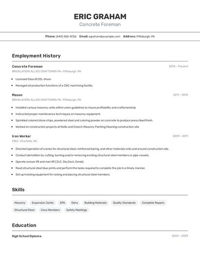Concrete Foreman Resume