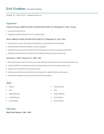 Concrete Foreman Resume