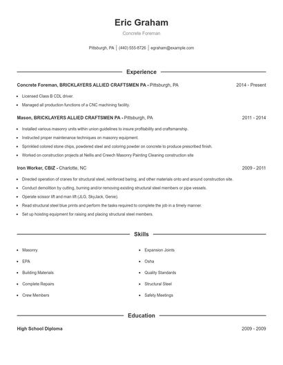 Concrete Foreman Resume